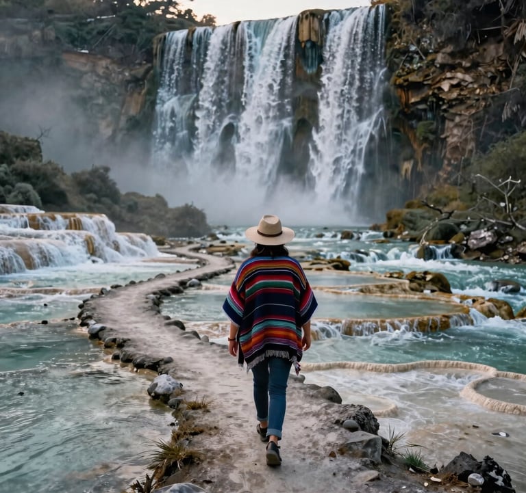 An eye-level shot of a traveler walking along the mineral paths of Hierve el Agua, wearing a sun hat and Oaxacan textiles. The composition captures the vastness of the petrified falls in the background under soft afternoon light.
