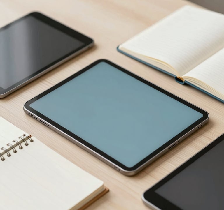 A flat-lay of digital tablets and physical research journals on a clean, light wood desk, representing thorough research and procurement. Soft lighting with muted blue #658BA3 and cream #F8F6F1 tones.