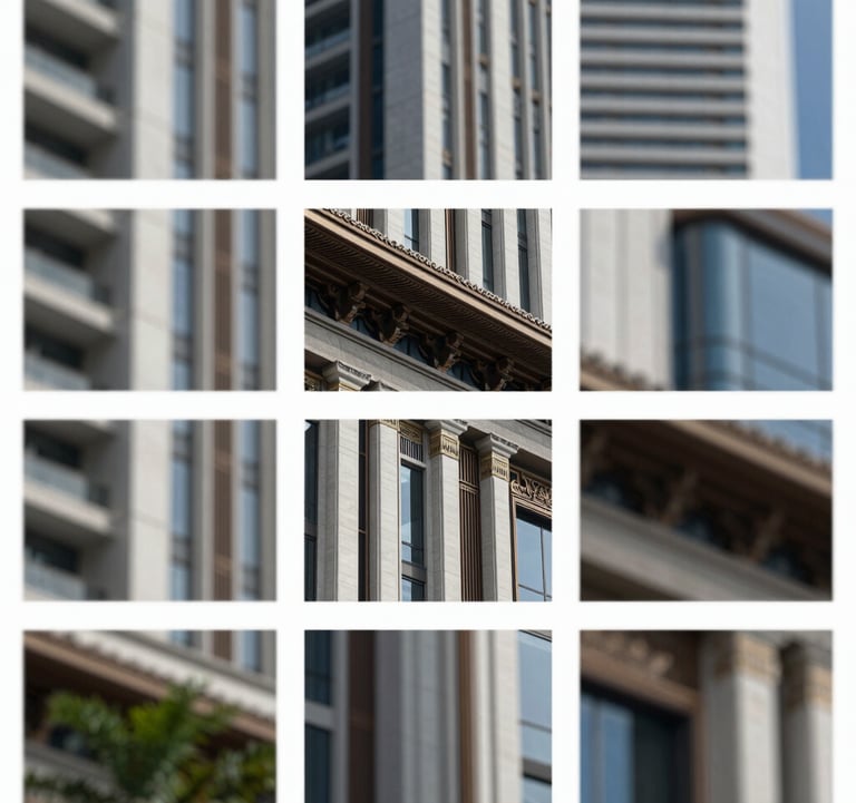 A grid-breaking layout image showing a high-end architectural detail from a modern building in Singapore, blending traditional Southeast Asian motifs with contemporary materials. Sophisticated, clean, and authoritative.