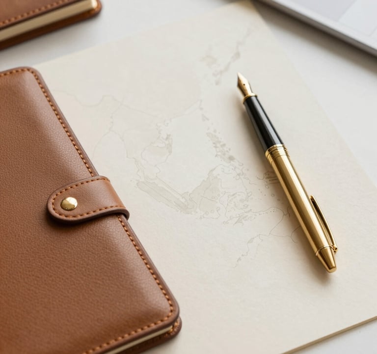 A sophisticated top-down view of a minimalist workspace. A premium leather-bound notebook, a gold fountain pen (#C0A060), and a subtle, high-quality printed map of Southeast Asia on textured cream paper. Professional, strategic, and grounded aesthetic.