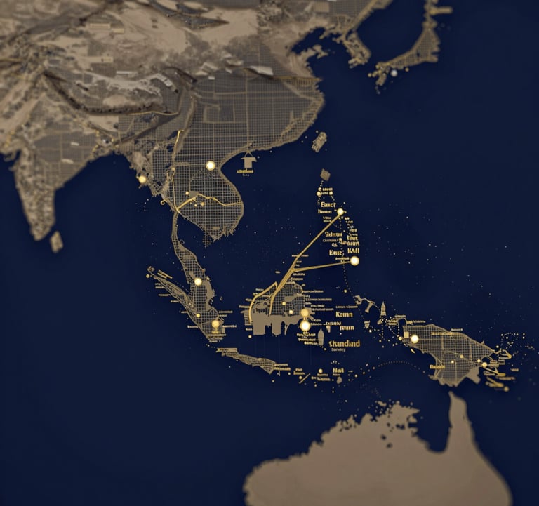 A minimalist map of Southeast Asia rendered in gold lines over a deep navy background, highlighting key financial hubs. Clean, grid-based editorial style.