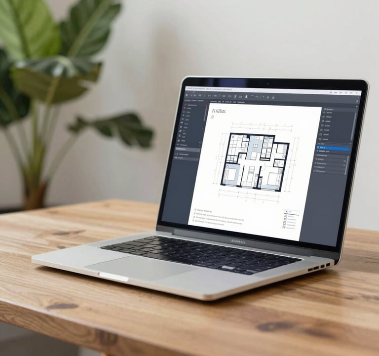 Close-up of a modern workstation featuring a sleek laptop displaying complex architectural software diagrams. A warm wooden desk and a lush green tropical plant in soft focus in the background. Lighting is clean and natural, incorporating brand tones of #1A2B3C and #F8F6F1.