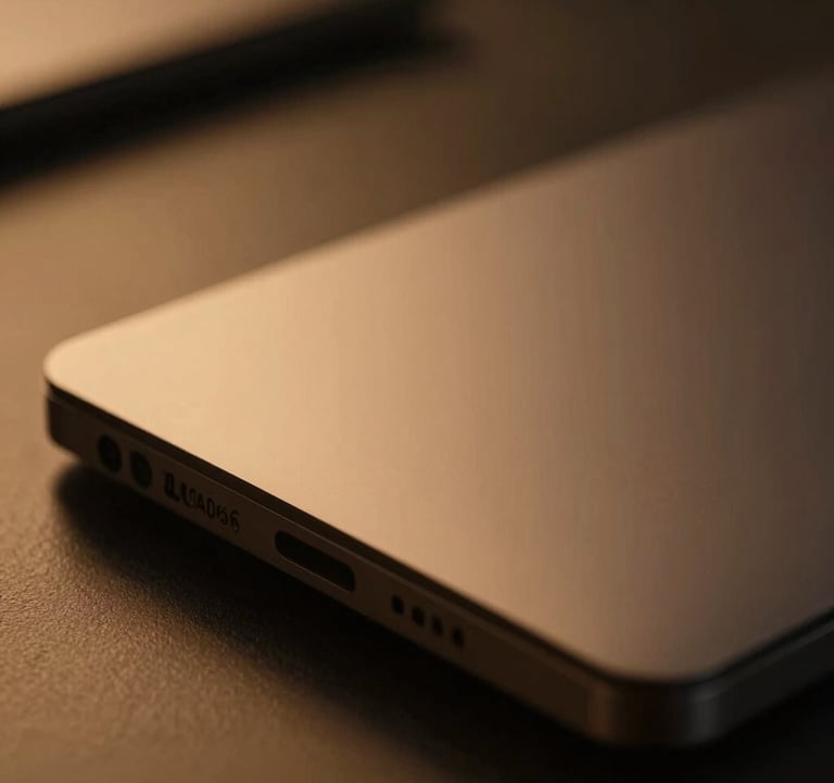 A sleek, close-up shot of high-end technology hardware with warm amber #C0A060 light accents. The lighting is editorial and moody, reflecting a refined approach to software solutions and innovation.