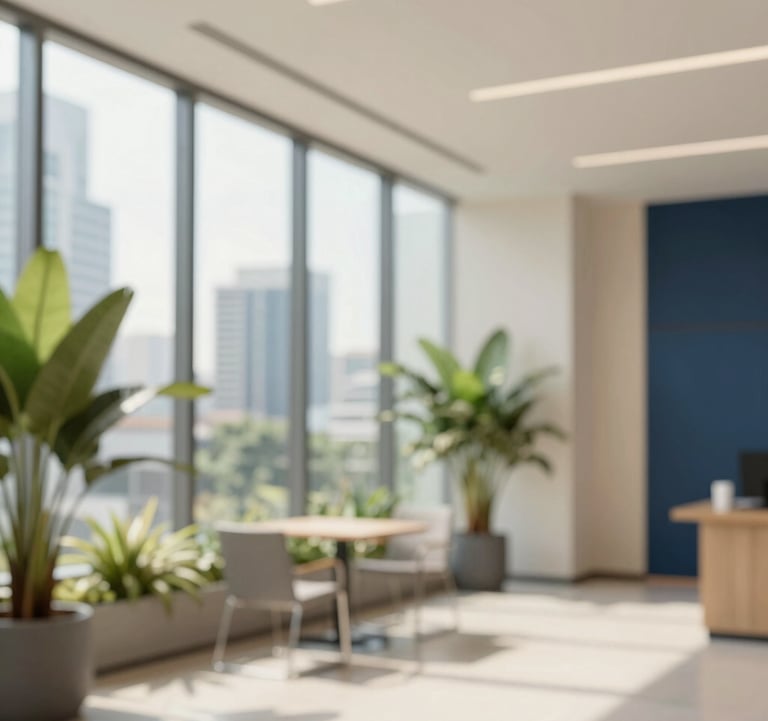 Modern office interior in Bangkok with floor-to-ceiling windows and tropical plants, blending nature with professional sophistication. Use cream #F8F6F1 and navy #1A2B3C.