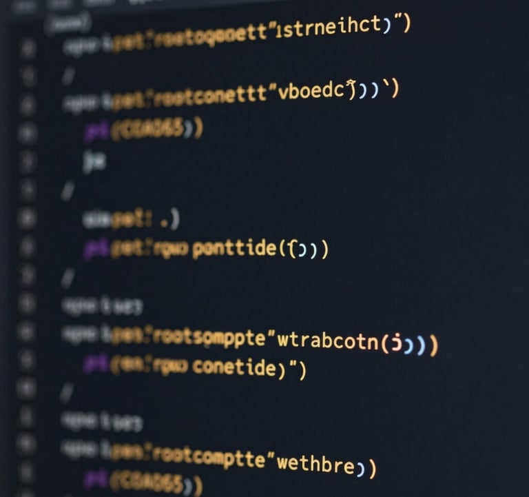 A minimalist, close-up shot of high-quality software code on a sleek dark screen, illuminated by a warm amber glow. Professional, technical, and precise style using navy #1A2B3C and gold #C0A060 highlights.