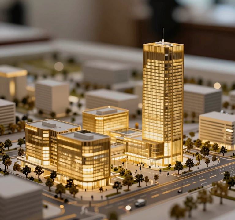 Close-up of a high-end architectural model of a tech campus, lit with warm golden light to symbolize growth and structure. Sophisticated and refined aesthetic.