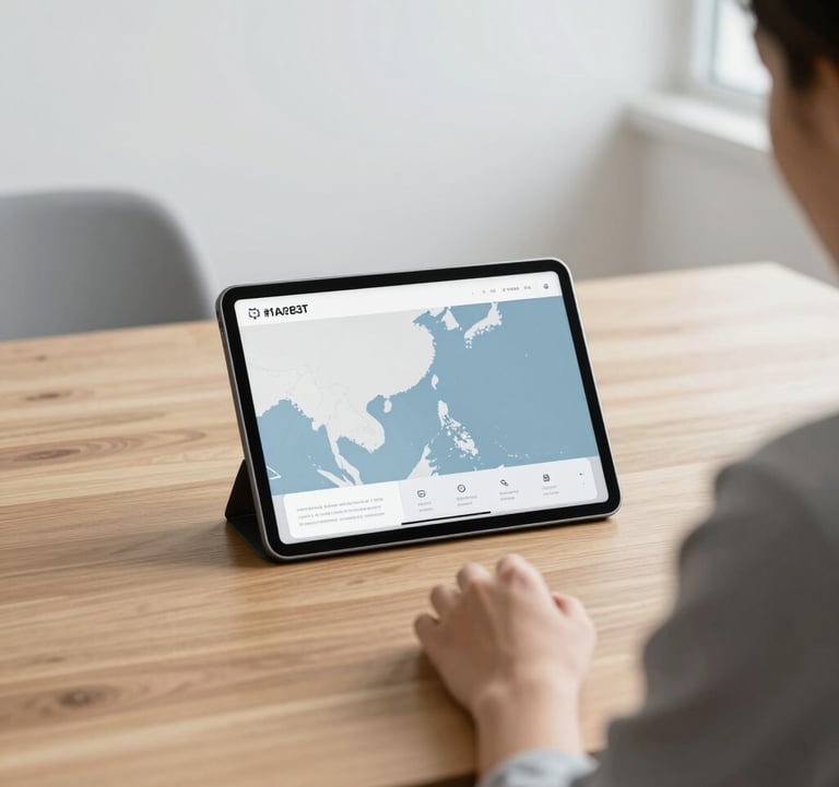 A professional, minimalist photograph of a digital strategy session. A clean wooden table with a high-end tablet showing a Southeast Asian map. Soft natural light, incorporating #1A2B3C and #F8F6F1 tones.