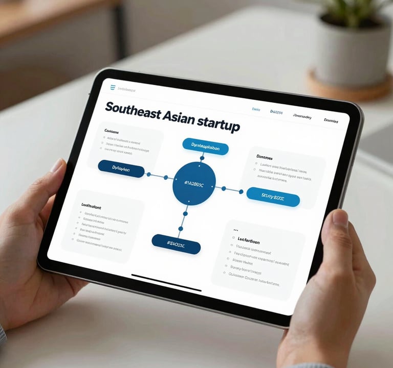 A close-up of a digital tablet displaying a sophisticated project roadmap for a Southeast Asian startup, held by a professional in a modern office. The color palette includes #1A2B3C and #658BA3 accents, with soft, warm lighting.
