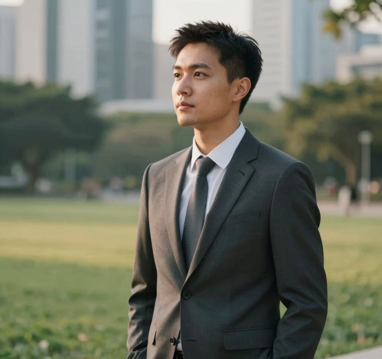 A professional portrait of a business strategist overlooking a modern urban park in Southeast Asia, captured in a modern editorial style. The lighting is warm and approachable, conveying the brand's sophisticated but grounded tone.