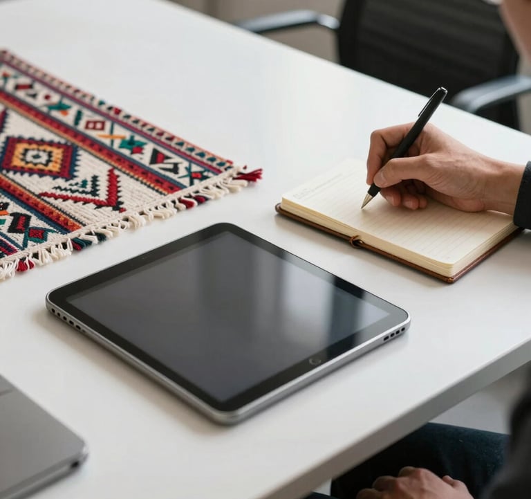 A professional setting showing a modern office desk with a digital tablet and a traditional Andean textile runner. A hand is seen writing in a leather-bound notebook. The lighting is bright and clean, reflecting an atmosphere of innovation and education. Colors include steel grey and off-white.