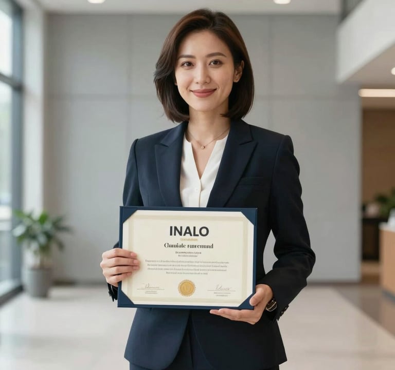 A lifestyle photograph of a professional woman proudly holding an official certificate from INALO. She is standing in a brightly lit, modern hall with Neutral Gray walls.