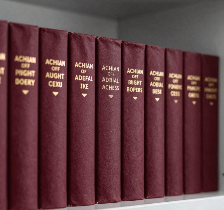 A close-up shot of elegant book spines on a shelf, focusing on a collection with academic titles and deep burgundy covers. The lighting is focused and professional, highlighting the texture of the paper and the quality of the binding. Minimalist steel grey background.