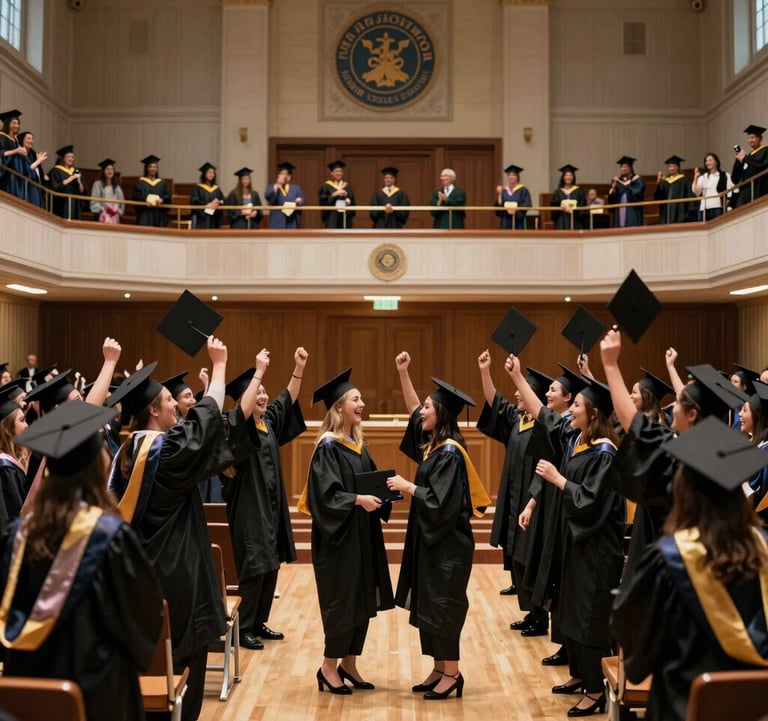 A wide shot of a graduation ceremony at a prestigious university hall. Graduates are celebrating with a sense of accomplishment. The lighting is warm and celebratory.