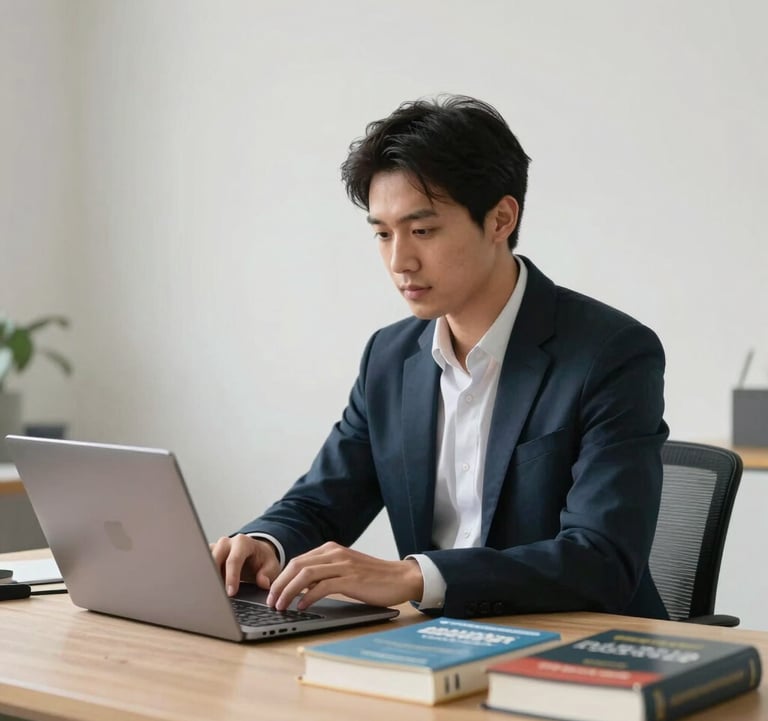A professional translator working in a bright, contemporary studio. On the desk, there is a high-end laptop and several academic dictionaries. The background is a clean, off-white wall with a subtle architectural texture. Sharp focus, sophisticated lighting.
