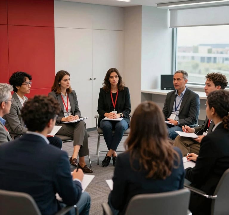 A group of diverse professionals in a modern conference hall, engaged in a high-level discussion about intercultural education. The background features clean, contemporary interior design with Crimson Red accents.
