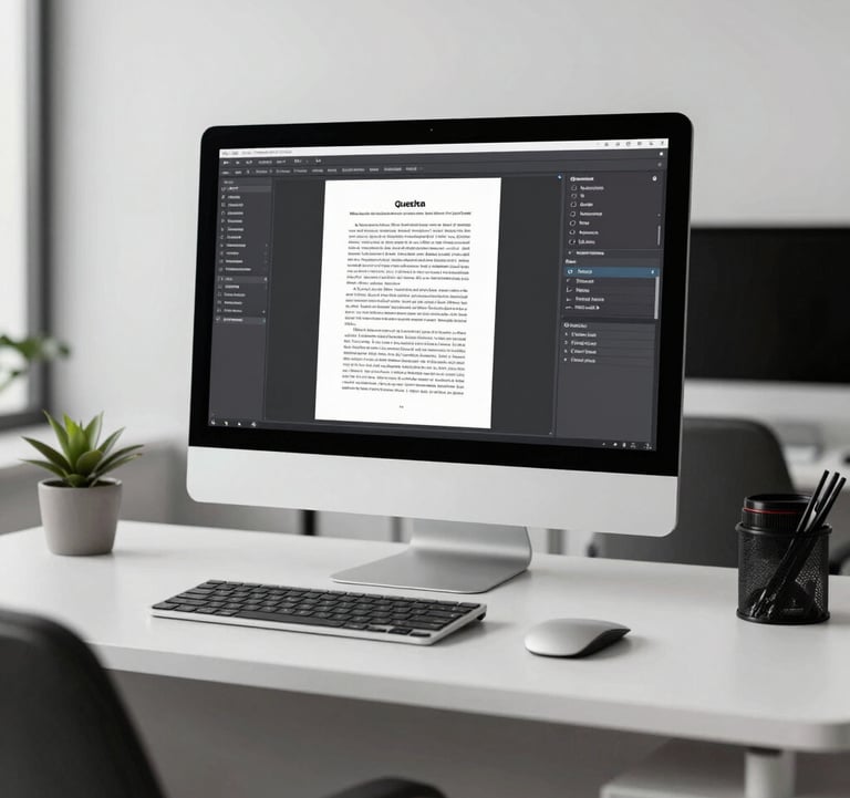 A professional editing studio environment with a high-end computer screen showing a manuscript in Quechua. The setting is modern and minimalist, featuring a Pearl White desk and Charcoal office furniture.