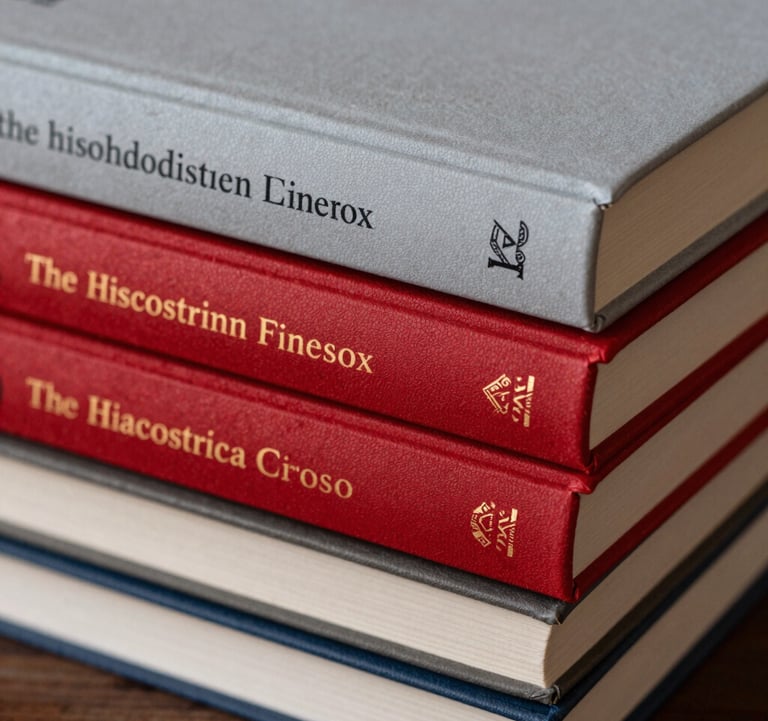 Close-up of a stack of professionally published books in indigenous languages, showcasing elegant typography on the spines. Colors: Crimson Red and Neutral Gray.