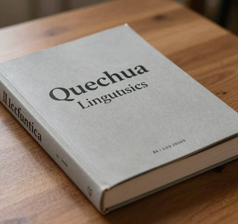 A close-up photograph of a high-quality academic textbook about Quechua linguistics, placed on a clean wooden desk. The lighting is focused and professional, highlighting the textures of the paper and the Neutral Gray cover.