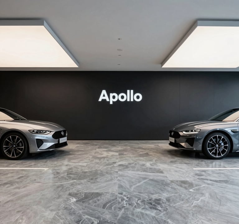 An architectural shot of the Apollo showroom. The floor is polished Misty Slate stone, the walls are Deep Obsidian, and the ceiling features minimalist Soft Frost linear lighting. Two luxury cars are positioned symmetrically in the space.