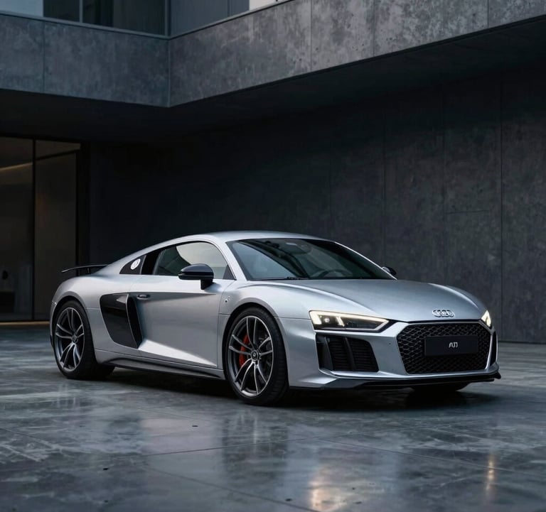 A minimalist, low-angle shot of a silver Audi R8 parked in a dark, modern architectural space with polished concrete floors. Lighting is cool and atmospheric, highlighting the sharp lines of the car with steel blue and platinum white tones.