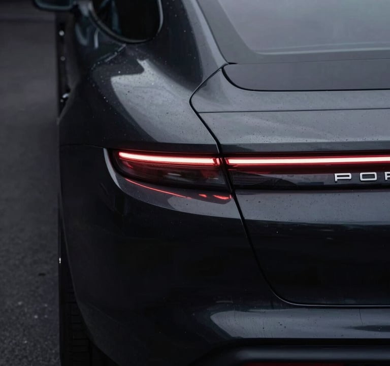 A sophisticated shot of a Porsche Taycan's rear light bar glowing in a dark environment. The car is obsidian black, and the light reflects softly off the metallic surfaces. The composition is clean and centered.