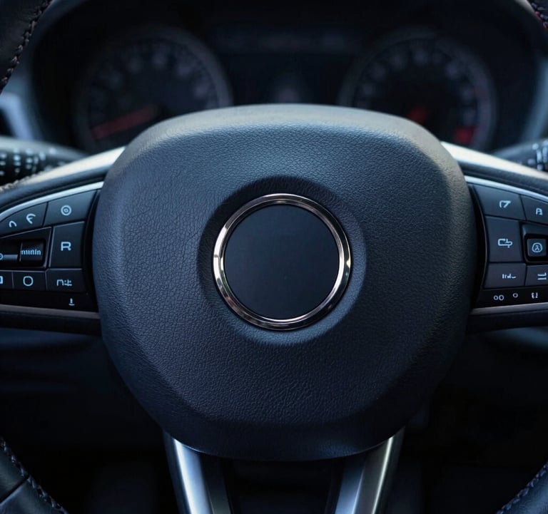 An artistic close-up of a steering wheel's center, featuring a high-end logo. The leather stitching is visible in Soft Frost against the Midnight Navy leather background. The composition is centered and minimalist.
