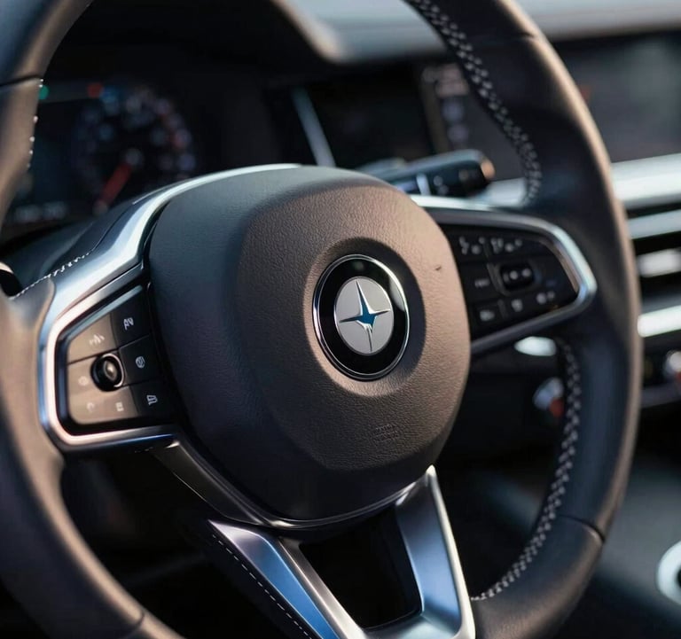A high-fashion style photograph of a luxury car steering wheel, featuring the emblem clearly. The interior is upholstered in fine dark materials, with subtle platinum white stitching and metallic steel blue accents.