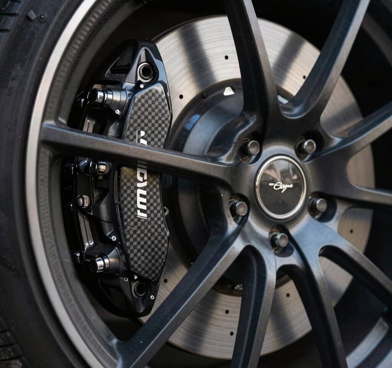 A close-up studio photograph of a high-performance carbon-ceramic brake and a multi-spoke alloy wheel. The metal surfaces reflect a soft, cool off-white glow, with deep shadows emphasizing the mechanical precision and obsidian black finish.