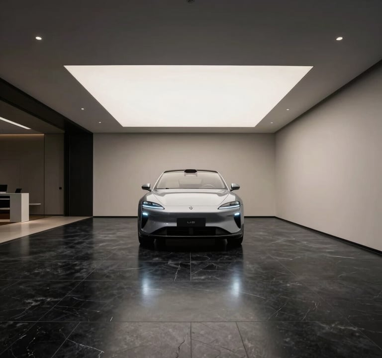 An architectural wide shot of a minimalistic luxury car showroom. The floor is polished obsidian black stone, reflecting the soft ceiling lights. A silver vehicle sits alone under a single cool off-white spotlight, creating a sense of sophisticated exclusivity.
