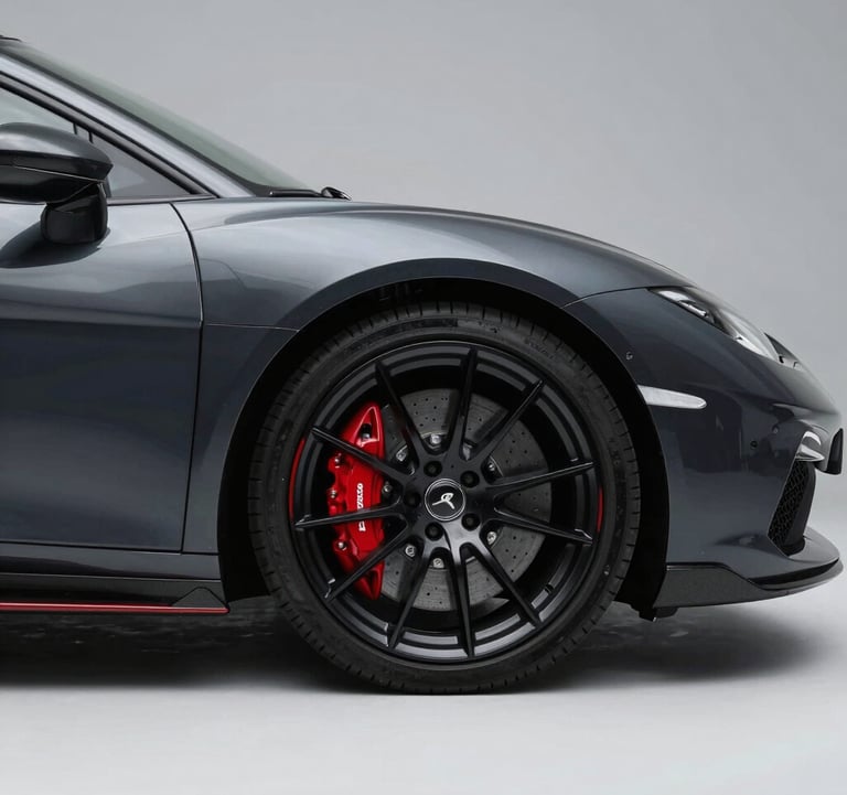 A side profile shot of a luxury sports car's alloy wheel and red brake caliper. The car is finished in a Deep Obsidian paint that reflects the soft ambient studio lighting. The background is a clean Misty Slate grey.