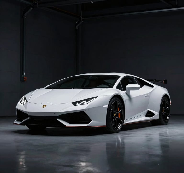 A low-angle shot of a Lamborghini Huracan in a dark garage with spotlighting. The lighting creates strong highlights in #F8F5F0 against the #1A1A1A shadows. High contrast and power.