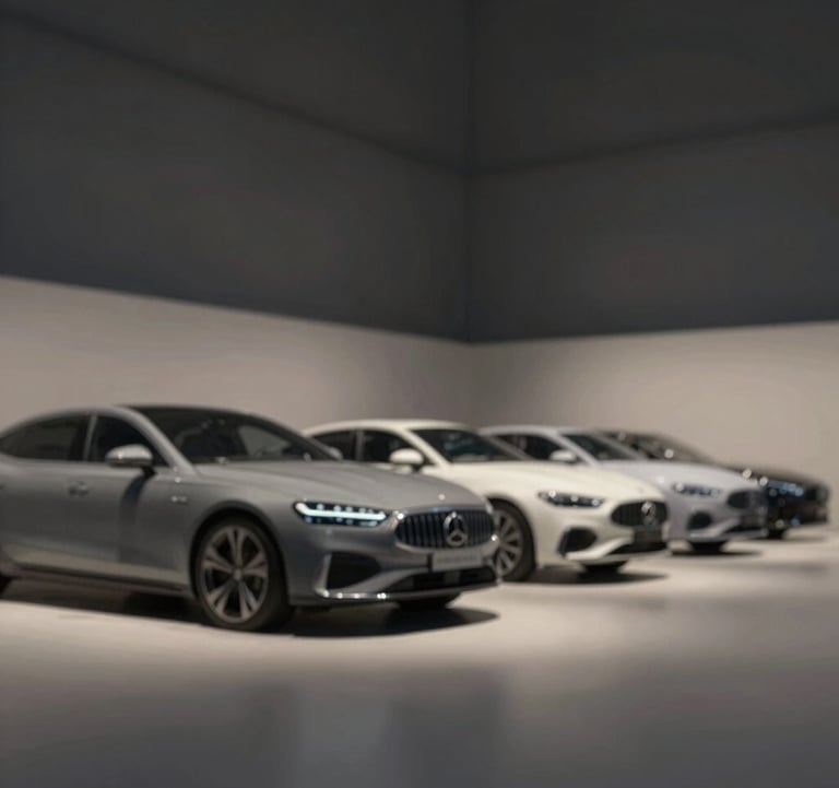 Interior view of a luxury car garage featuring a line of prestige cars under soft, focused spotlights. Minimalist aesthetic, clean lines, dominated by #1A1A1A and #F8F5F0 accents.