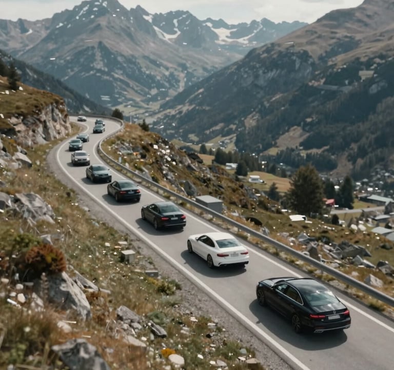 An aerial view of a convoy of prestige cars driving through a scenic pass in Andorra. The palette is dominated by #F8F5F0 mountain peaks and #1A1A1A asphalt. Exclusive lifestyle vibe.