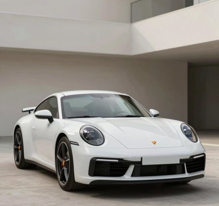 A sleek white Porsche 911 parked in a high-end driveway. The minimalist architecture in the background uses #F8F5F0 and #5C5046. The car's design is front and center. Professional photography style.