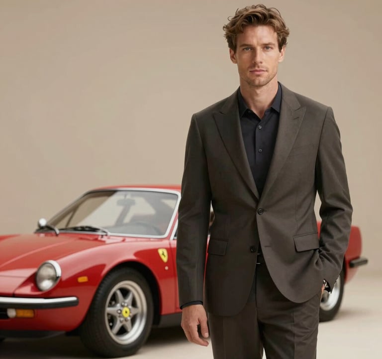 A lifestyle shot of a member in a tailored jacket beside a vintage-inspired modern Ferrari. High-contrast, elegant, minimalist setting with a warm #B2A292 background.