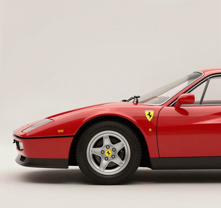 A close-up side profile of a classic red Ferrari, emphasizing the sleek lines and chrome details. The background is a minimalist studio setting using #F8F5F0 tones. High-performance luxury aesthetic.