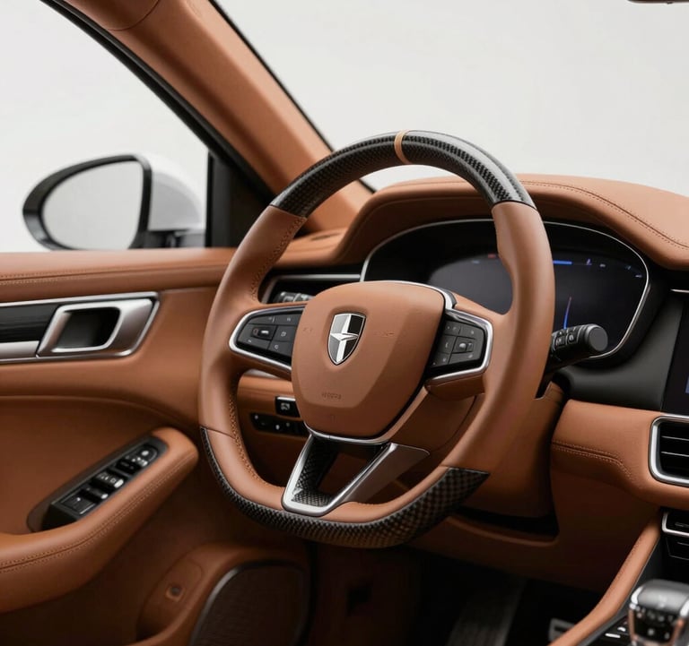 Detailed shot of a luxury leather car interior in warm tan (#B2A292) with carbon fiber accents. The steering wheel features the emblem of a premium brand. The composition is artistic and high-contrast, emphasizing textures and quality craftsmanship in a minimalist style.