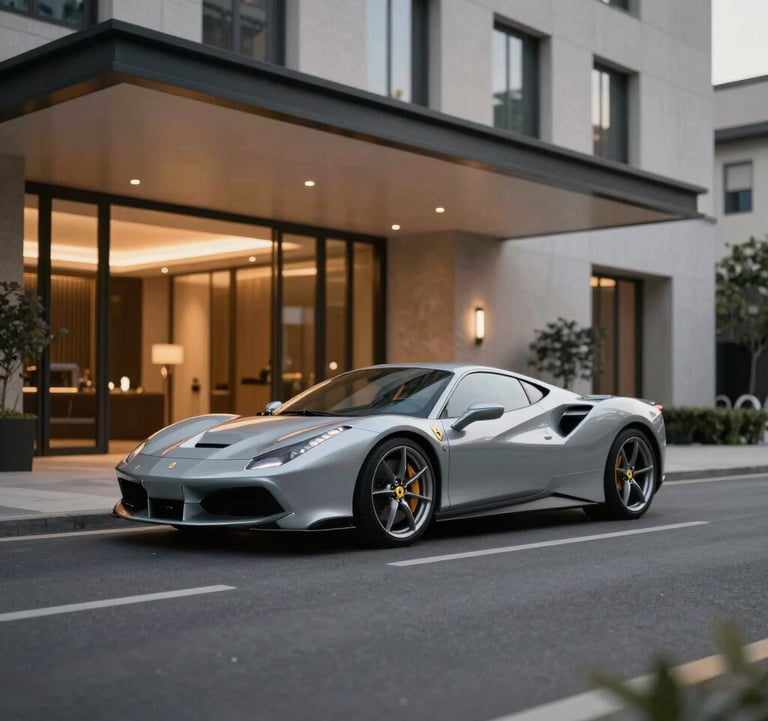 A high-end Ferrari parked in front of a modern, minimalist architectural hotel entrance. Evening shot with warm interior lights spilling out. Elegant, high-performance vibe using #1A1A1A and #B2A292 tones.
