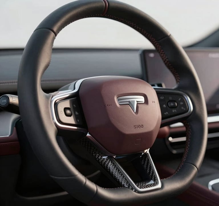 Close-up of a high-end steering wheel with premium leather and carbon fiber details. Minimalist and sleek composition using #5C5046 and #1A1A1A for a high-performance feel.