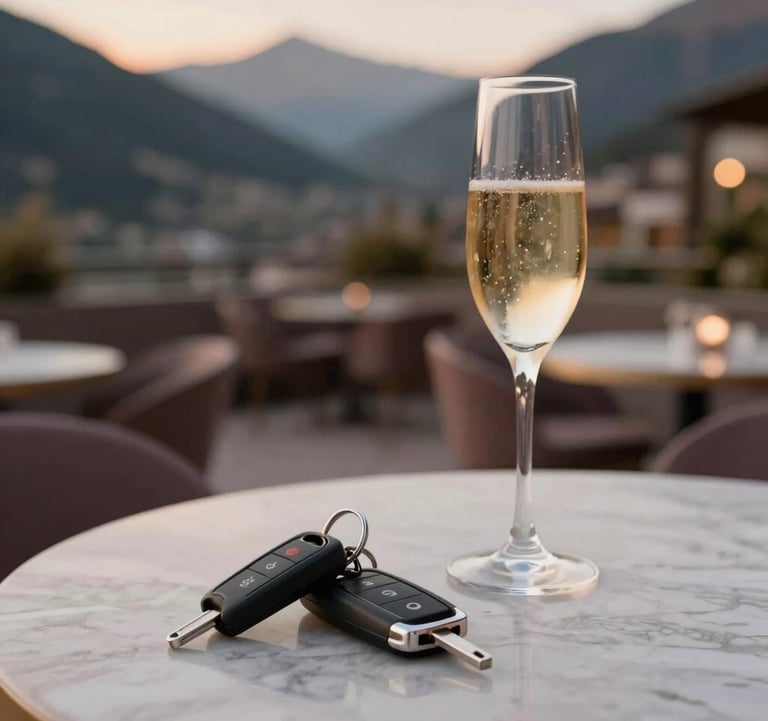 Elegant lifestyle shot of a set of prestige car keys resting on a marble table next to a glass of champagne. The background shows a blurred, high-end private club terrace in Andorra at sunset, using colors #F8F5F0 and #5C5046 for a sophisticated atmosphere.