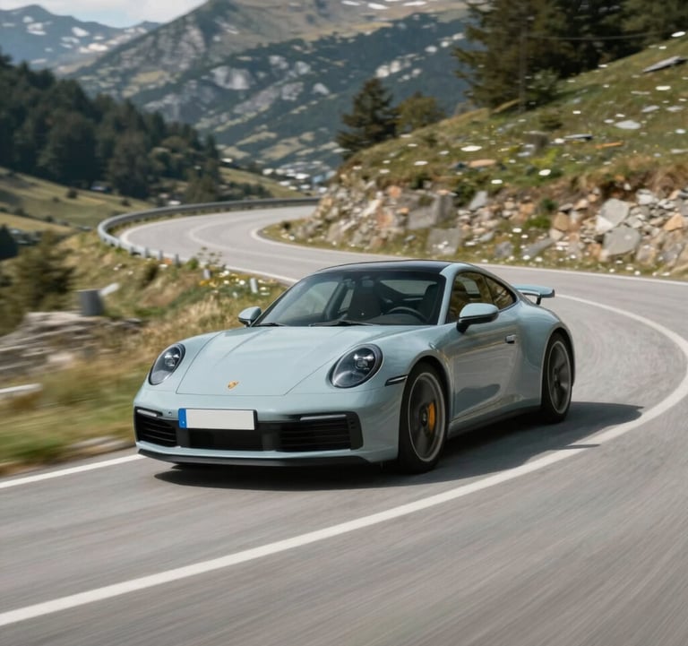 Dynamic motion-blur shot of a Porsche 911 taking a sharp turn on a scenic Andorran pass. Daylight lighting, crisp and clean aesthetic. Incorporates #B2A292 and #F8F5F0 in the environment.