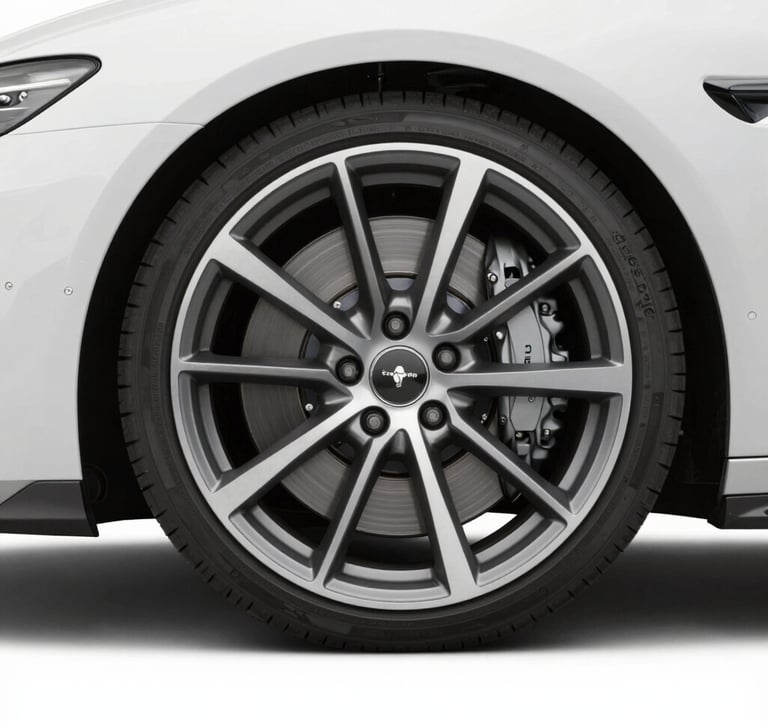 Detail shot of an alloy wheel and ceramic brakes on a high-performance vehicle. Minimalist composition, focusing on the engineering excellence and the #5C5046 metallic tones.
