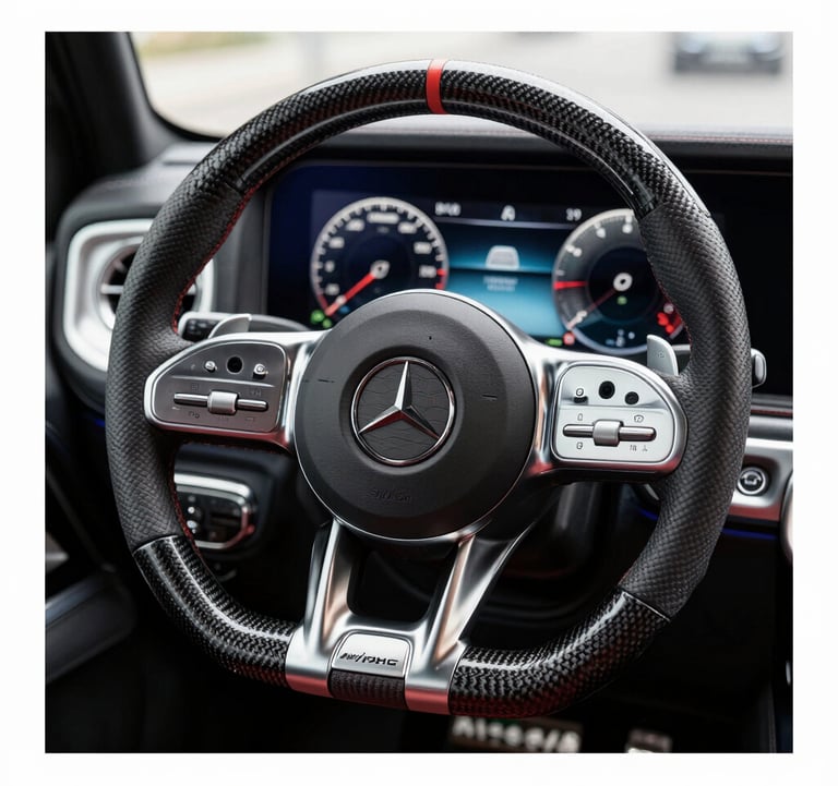 A focused shot of the steering wheel and digital dashboard of a modern AMG. The interior features carbon fiber and leather, reflecting the #1A1A1A and #5C5046 color scheme. High-tech and premium.