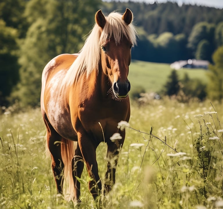 cheval dans une verte pâture