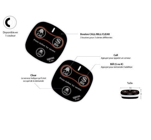 Bouton d’appel sans fil 3 fonctions avec options Call, Bill et Clear