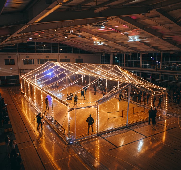 a indoor clear transparent tent sent up for Diwali