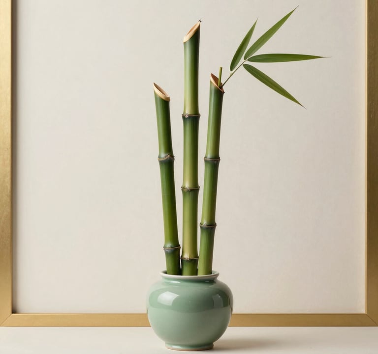 A minimalist arrangement of three bamboo stalks in a sleek sage green ceramic vase. Set against a clean soft ivory wall with a slight matte gold trim.