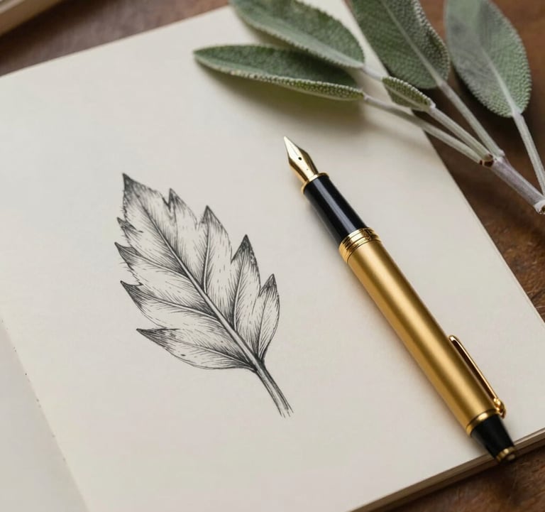 An elegant overhead shot of a designer's workspace. A single hand-drawn leaf sketch rests on thick soft ivory paper, next to a matte gold fountain pen and a sprig of dried sage forest green foliage.