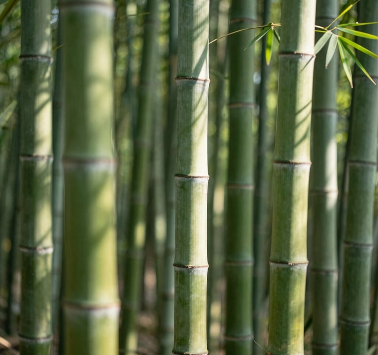 A serene close-up photograph of vibrant bamboo stalks in a tranquil forest. The focus is on the intricate textures of the bark, with lush sage forest green leaves dappled in sunlight. The atmosphere is peaceful and opulent.