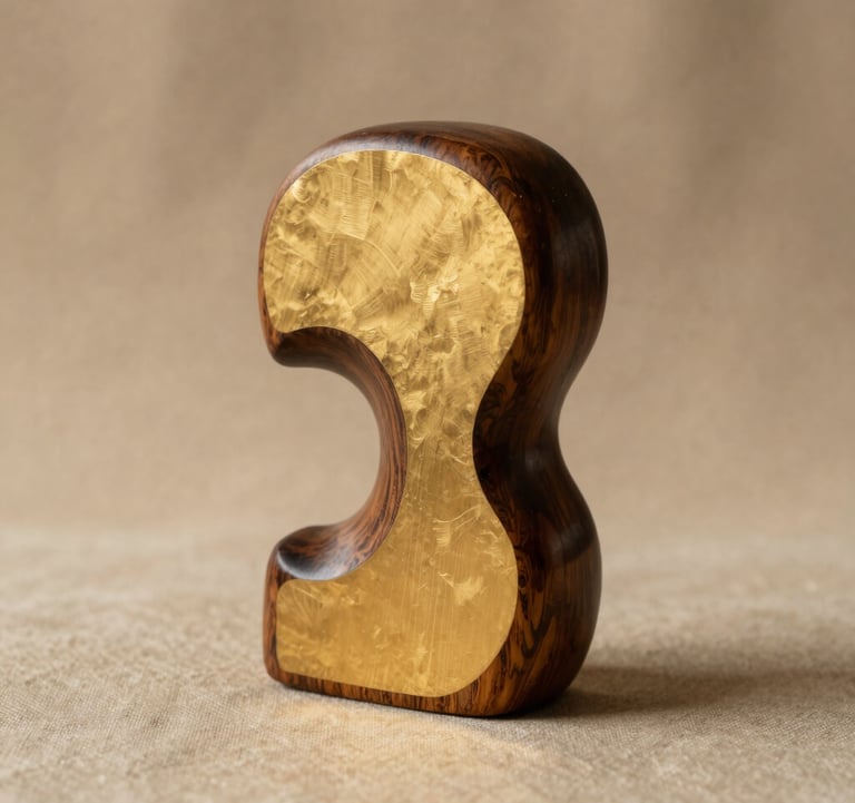 A professional studio photograph of a handcrafted wooden sculpture with a matte gold inlay. The object sits on a warm beige linen cloth. The lighting is soft and directional, creating gentle shadows that emphasize its organic curves.